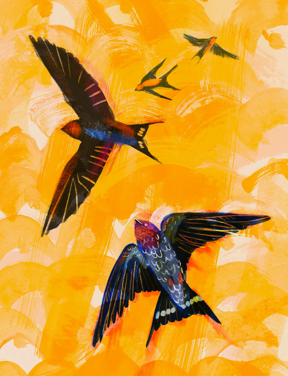 Illustration of colorful swallows flying on a painted yellow sky