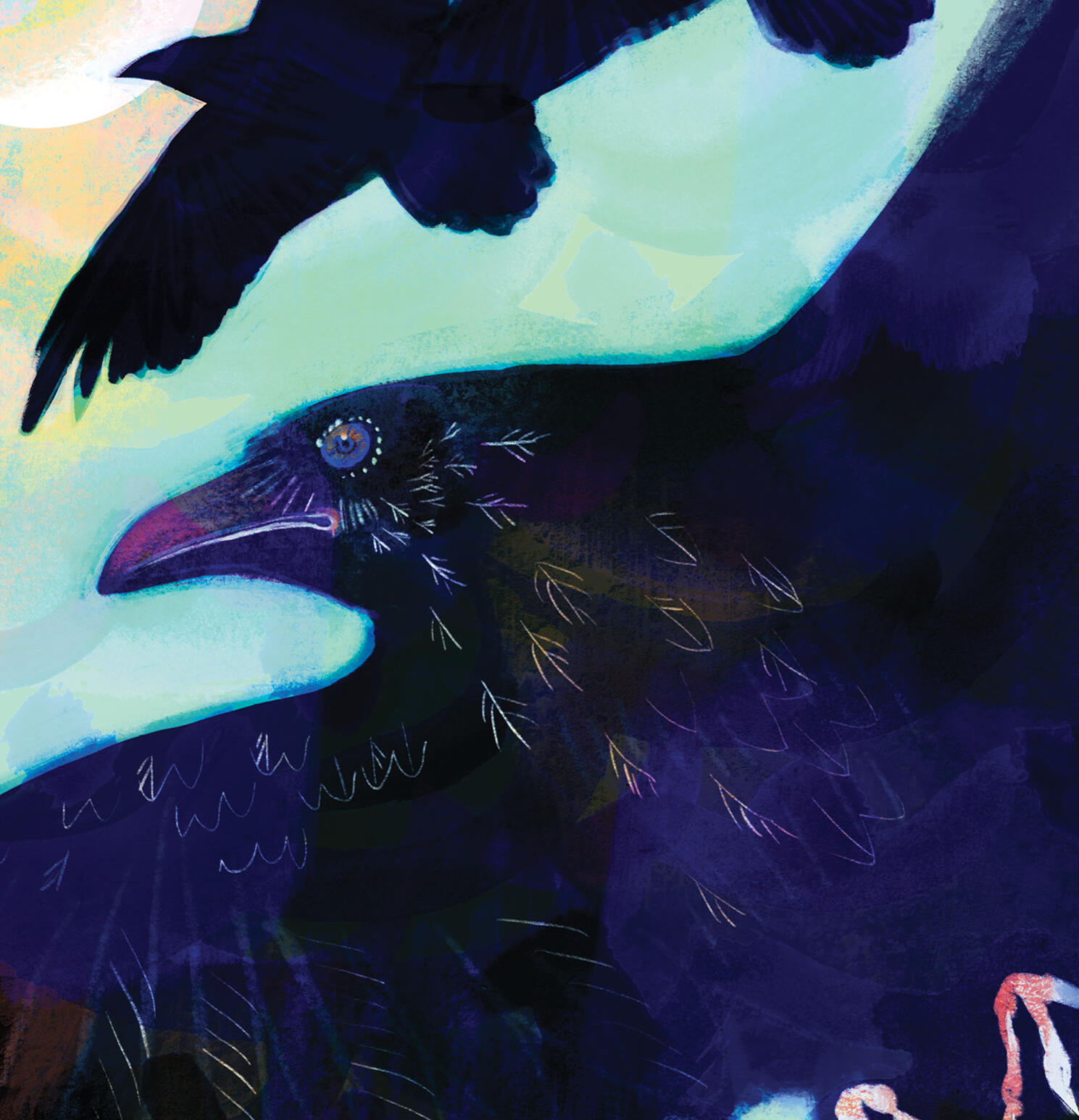 Cropped painting of three ravens with crescent moon