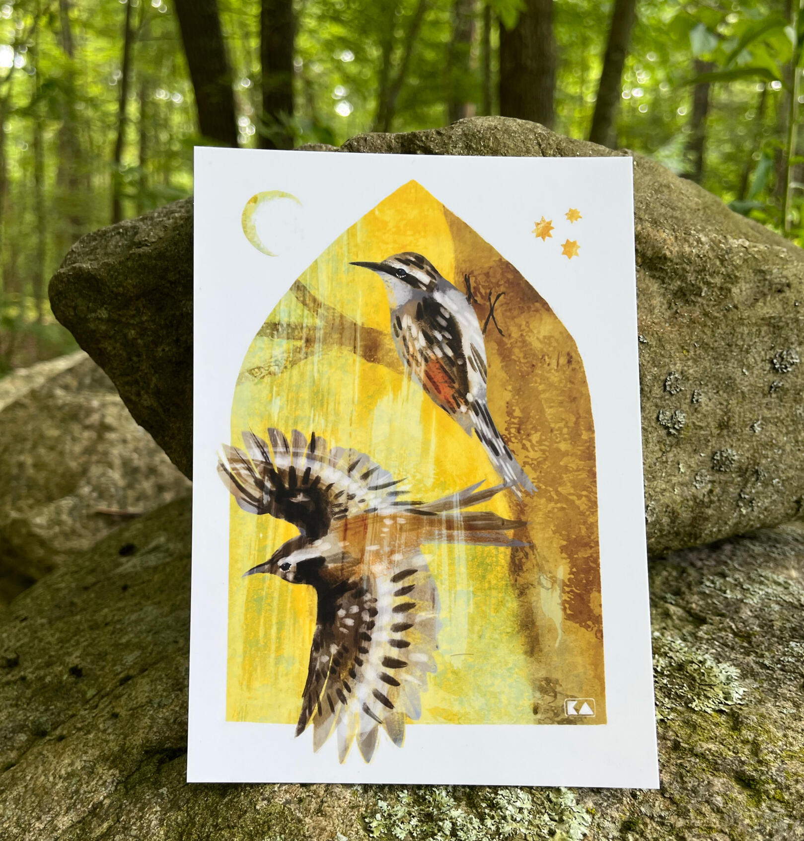 Mini print of a painting of brown creeper birds on a yellow background with stars and moon